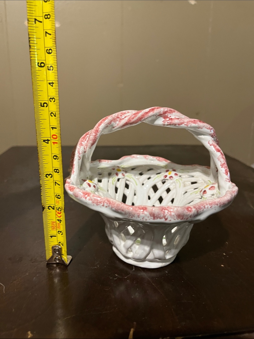 Berardos pottery Hand-Painted Porcelain Basket with Pink Trimm.